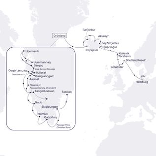 LAndkarte der 19 tägigen Grönland Route Hamburg – Schottland – Färöer –  Island – Grönland – Kangerlussuaq