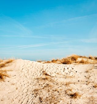 Ein Sandstrand mit Felsen und Meer.