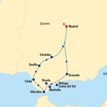 Eine Karte, die eine Reise von Sevilla nach Lissabon darstellt, mit den Ländern Spanien und Portugal und einer eingezeichneten Route.