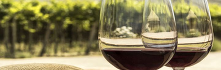 Ein Glas Rotwein auf einem Tisch in einem Weinberg.