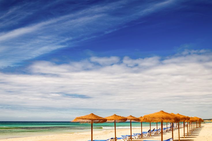 Ein Strand mit Sonnenschirmen und Liegestühlen.