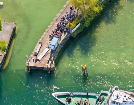 Ein altes, gesunkenes Boot liegt teilweise im Wasser, umgeben von grüner Vegetation.