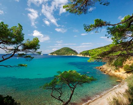 Eine Bucht mit türkisfarbenem Wasser und einem Strand.