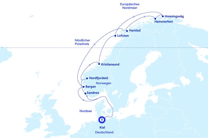 Routenverlauf der Vasco da Gama Kreuzfahrt Norwegen