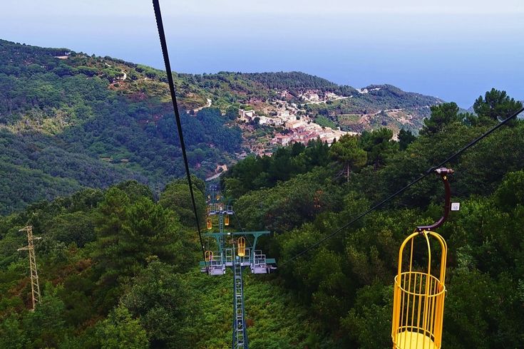 Eine Seilbahn fährt über eine grüne Landschaft.