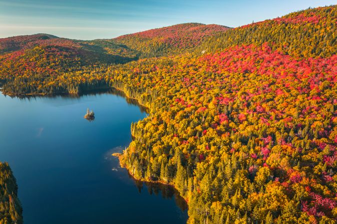 Blick über rot grün gefärbte Wälder in Ostkanada mit See 