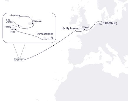 Routenkarte MS Hamburg Ponta Delgada -HAmburg
