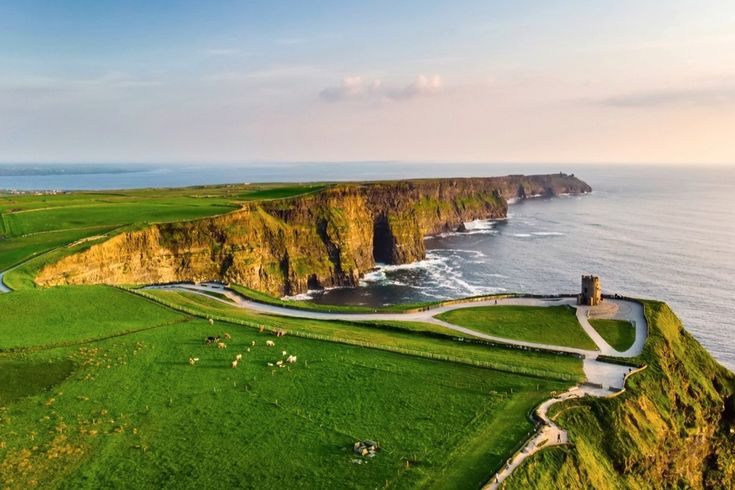 Straße an Klippe mit Ruine und hellgrüner Wiese in Irland