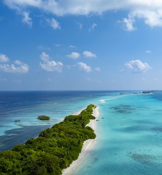 Die Luftaufnahme auf der Insel mit weißem Sandstrand als Küste im Sommer Malediven