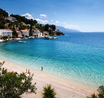 Ein Sandstrand mit türkisfarbenem Wasser, umgeben von grüner Vegetation.