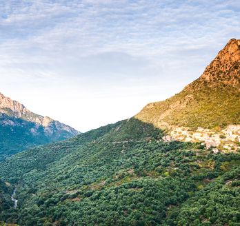 Eine weite Berglandschaft mit einem See oder Fjord, der sich in den Bergen spiegelt, unter einem klaren blauen Himmel.