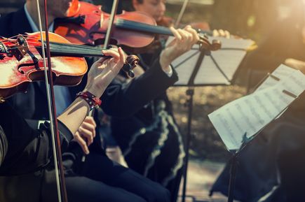 Eine Person spielt Violine in einem Orchester.