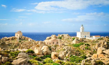 Eine Küstenstadt mit Gebäuden auf einem Hügel.