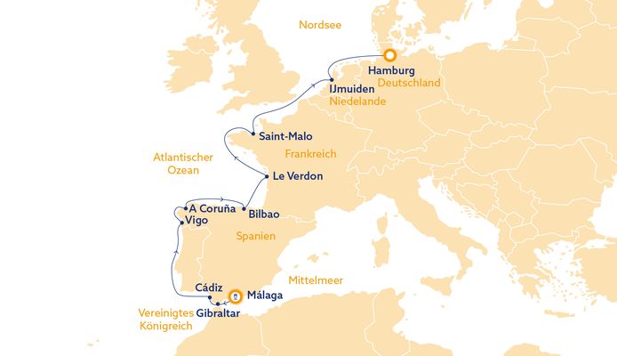 Karte Malaga nach Hamburg