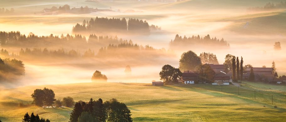 Ferienhaus Urlaub Deutschland Bayern Landschaft im Morgennebel
