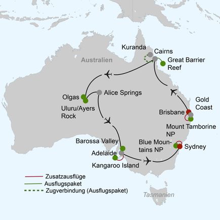 Landkarte über Australien  GoldCoast bis Great Barrier Reef, Olgas , Adelaide, Kangaroo Island und Sydney