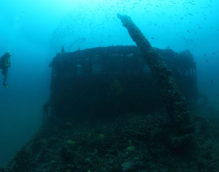 Ein Taucher erkundet das Wrack von Baron Gautsch.