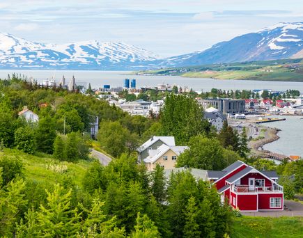 Blick über Akureyri. Ein rotes Blockhaus inmitten von grünen Bäumen, dahinter das Meer, dahinter die Eisberge.