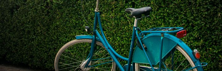 Blaues Fahrrad vor einer Hecke und dahinter ein Leuchtturm. 