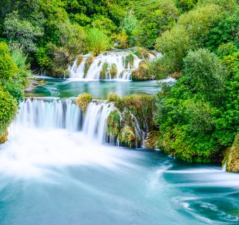 Ein Fluss, der sich durch eine grüne Landschaft schlängelt.