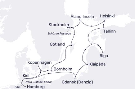 Eine Karte der Ostsee mit eingezeichneten Schiffsrouten und Häfen.