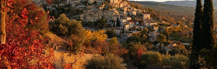 Eine Landschaft mit Bäumen in Herbstfarben und einem Fluss.