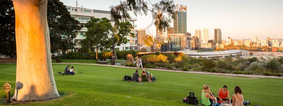 Der botanische Garten Kings Park bietet Entspannung im Grünen mit Blick auf die Hochhäuser von Downtown