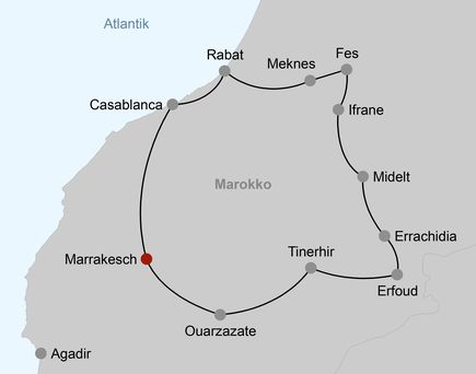 Eine Karte von Marokko mit eingezeichneten Regionen und Städten.