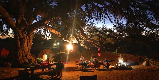 Ein beleuchtetes Zelt steht nachts auf einem Campingplatz unter Bäumen, Lichterkette.