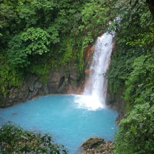 Ein türkisfarbener Wasserfall, der in ein leuchtend blaues Becken fließt, umgeben von tropischem Wald.