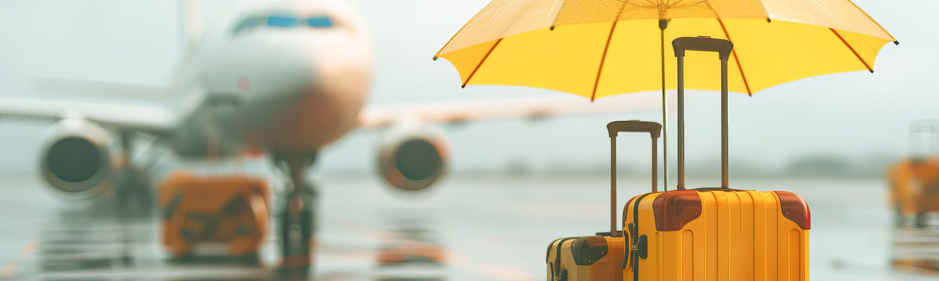 gelbe Koffer auf dem Rollfeld mit gelbem Regenschirm