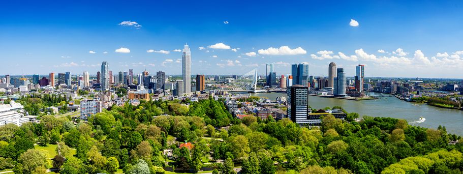 Blick über Rotterdam. Grüne Parkanlage, im Hintergrund der Hafen und Häuser.