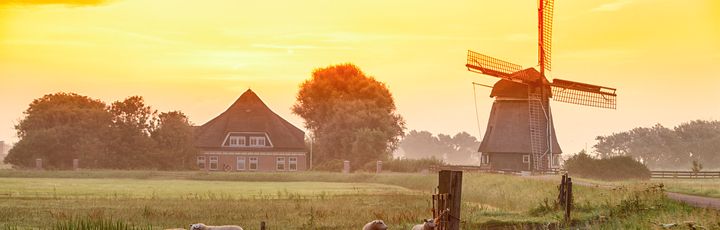 Aussicht auf eine Windmühle bei Sonnenuntergang 