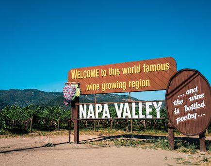 Ein braunes Holzschild mit der Aufschrift "NAPA VALLEY" vor einem Weinberg.