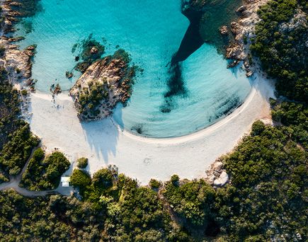 Ein Sandstrand mit türkisfarbenem Wasser, umgeben von grüner Vegetation.