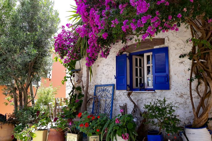 Blick auf weiße Häuserfassade auf Korfu