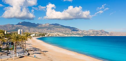 Ein Sandstrand mit einem flachen Meer und einem blauen Himmel.