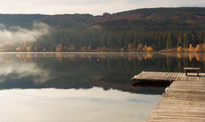 Ein ruhiger See mit einem Steg und Bäumen am Ufer, spiegelt den Himmel.