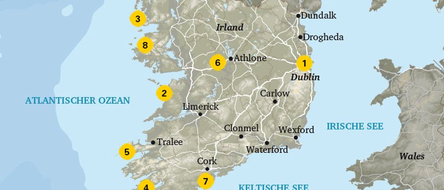 Im Nordwesten Achill Island, weiter südlich Connemara, südöstlich davon der Shannon-Erne-Wasserweg, im Osten Dublin, im Süden von Irland gleich bei Kork die Stadt Kinsale, weiter südwestlich der schöne Ring of Kerry, nordwestlich davon Dingle und im Westen von Irland die berühmten Cliffs of Moher