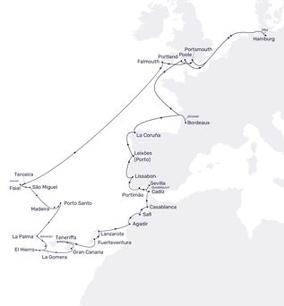 Routenkarte MS Hamburg Große Atlantikreise