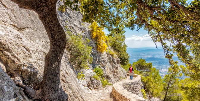 Eine Person mit rotem Rucksack wandert auf dem Abstieg vom Puig d’Alaró in Richtung Alaró