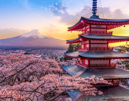 Wunderschöner Blick auf den Berg Fuji und die Chureito-Pagode bei Sonnenuntergang, Japan im Frühling mit Kirschblüten