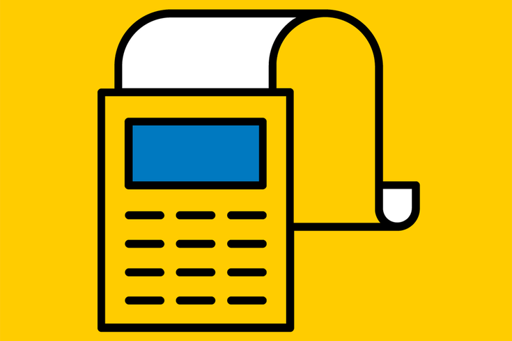 Ein gelbes Symbol, das einen Taschenrechner mit einem Blatt Papier und einem Stift darstellt, daneben der Schriftzug "Reisekostenabrechnung" in schwarzer Schrift.