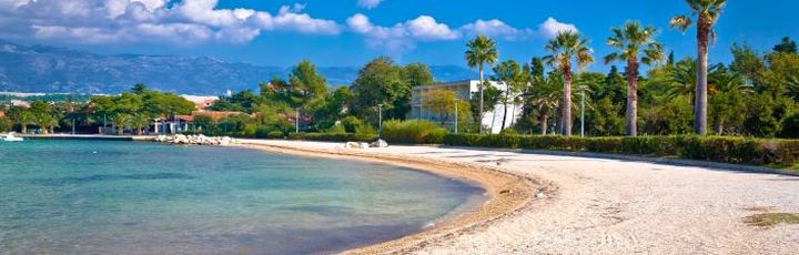 Ein Sandstrand mit Palmen und türkisblauem Wasser.