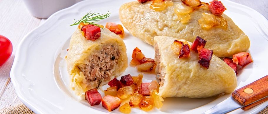 Cepelinai mit Pilzfuellung und Speck