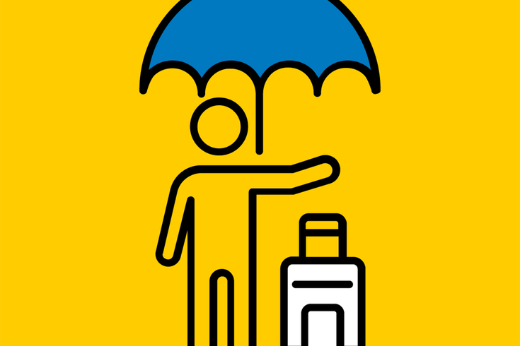 Ein gelbes Symbol, das das ADAC-Logo mit einem stilisierten Herz und einem Kreuz darstellt, daneben der Schriftzug "ADAC Auslandskrankenversicherung" in schwarzer Schrift.