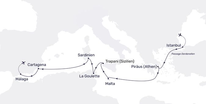 Karte von der Route  Istanbul/Türkei –  Griechenland – Malta – Italien – Tunesien –  Spanien – Malaga