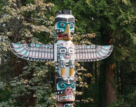 Totem im Fokus mit Wald im Hintergrund 