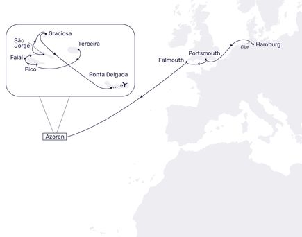 Routenkarte MS Hamburg: Hamburg - Ponta Delgada