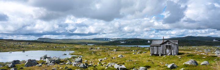 Blick über Hardangervidda. Raue Weidelandschaft mit vielen großen Felsen/Steinen und Blick auf das Meer.